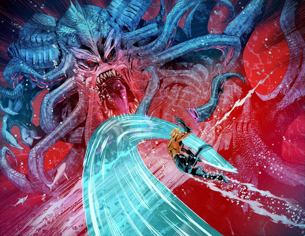 Paul_Kaminski's tweet image. The king is back, baby! Aquaman #1 swims ashore this January from the motliest crew an editor could ask for (pictured here, buccaneers all). FOC is this Monday, so remind your shop to set aside a copy. What's the new name for Arthur's pet Great White? Wrong answers only!