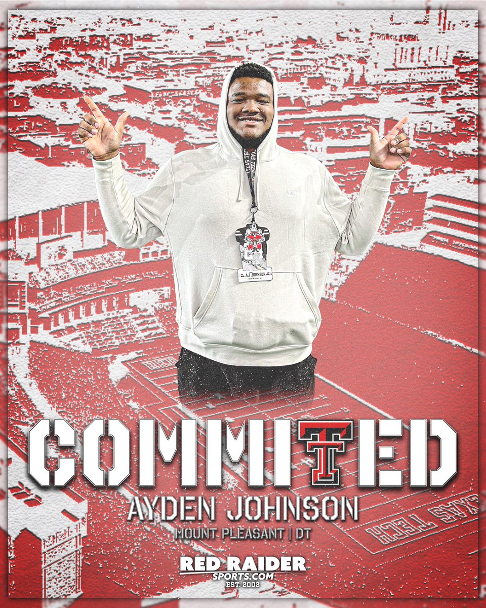 RedRaiderSports.com (@redraidersports) on Twitter photo NEWS: Texas Tech has landed a commitment from 2026 Mount Pleasant (TX) HS defensive tackle Ayden Johnson (<a href="/AJJohnson903/">Ayden Johnson</a>)
The 6-foot-1, 315 pound prospect becomes commit No. 2 for the Red Raiders in 2026 #GunsUp #WreckEm NEWS: Texas Tech has landed a commitment from 2026 Mount Pleasant (TX) HS defensive tackle Ayden Johnson (<a href="/AJJohnson903/">Ayden Johnson</a>)
The 6-foot-1, 315 pound prospect becomes commit No. 2 for the Red Raiders in 2026 #GunsUp #WreckEm