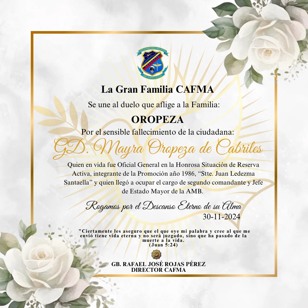 #30Nov// El GB. Rafael Rojas, Director, junto a la gran familia #CAFMA se une al duelo por el sensible fallecimiento de la GD. Mayra Oropeza, quien en vida fue Oficial General en la Honrosa Situación de Reserva Activa.

Paz a su alma.