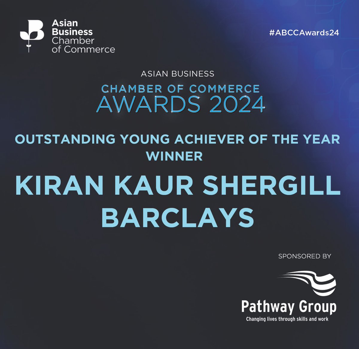 Asian Business Chamber of Commerce (ABCC) (@asianbizchamber) on Twitter photo The Outstanding Young Achiever of the Year is Kiran Shergill <a href="/BarclaysUK/">Barclays UK</a>! 👏
Award sponsored by <a href="/pathwaygroup/">The Pathway Group</a>.
#ABCCAwards24 The Outstanding Young Achiever of the Year is Kiran Shergill <a href="/BarclaysUK/">Barclays UK</a>! 👏
Award sponsored by <a href="/pathwaygroup/">The Pathway Group</a>.
#ABCCAwards24