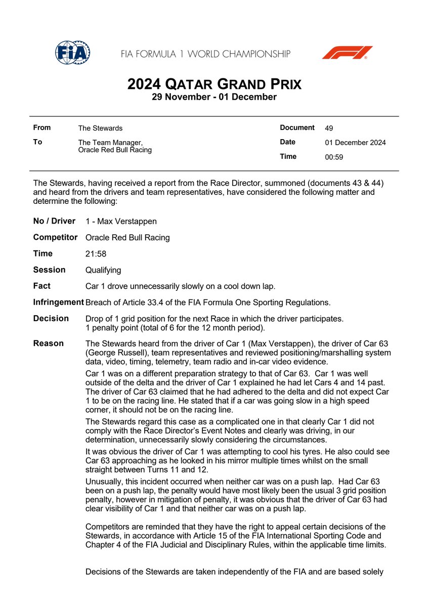 fia's tweet image. DOC 49 - Infringement - Car 1 - Alleged driving unnecessarily slowly fia.com/documents #QatarGP #F1 #FIA
