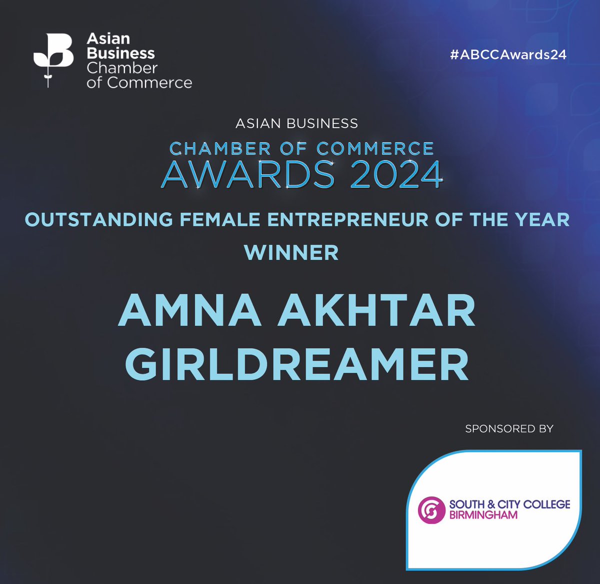 Asian Business Chamber of Commerce (ABCC) (@asianbizchamber) on Twitter photo Our Outstanding Female Entrepreneur of the Year is Amna Akhtar <a href="/its_GirlDreamer/">GirlDreamer</a>! 👏
Award sponsored by <a href="/southandcitycol/">South and City College Birmingham</a>.
#ABCCAwards24 Our Outstanding Female Entrepreneur of the Year is Amna Akhtar <a href="/its_GirlDreamer/">GirlDreamer</a>! 👏
Award sponsored by <a href="/southandcitycol/">South and City College Birmingham</a>.
#ABCCAwards24