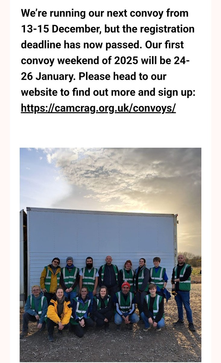 Convoy update: We’re running our next convoy from 13-15 December, but the registration deadline has now passed. Our first convoy weekend of 2025 will be 24-26 January. Please head to our website to find out more and sign up: camcrag.org.uk/convoys/
