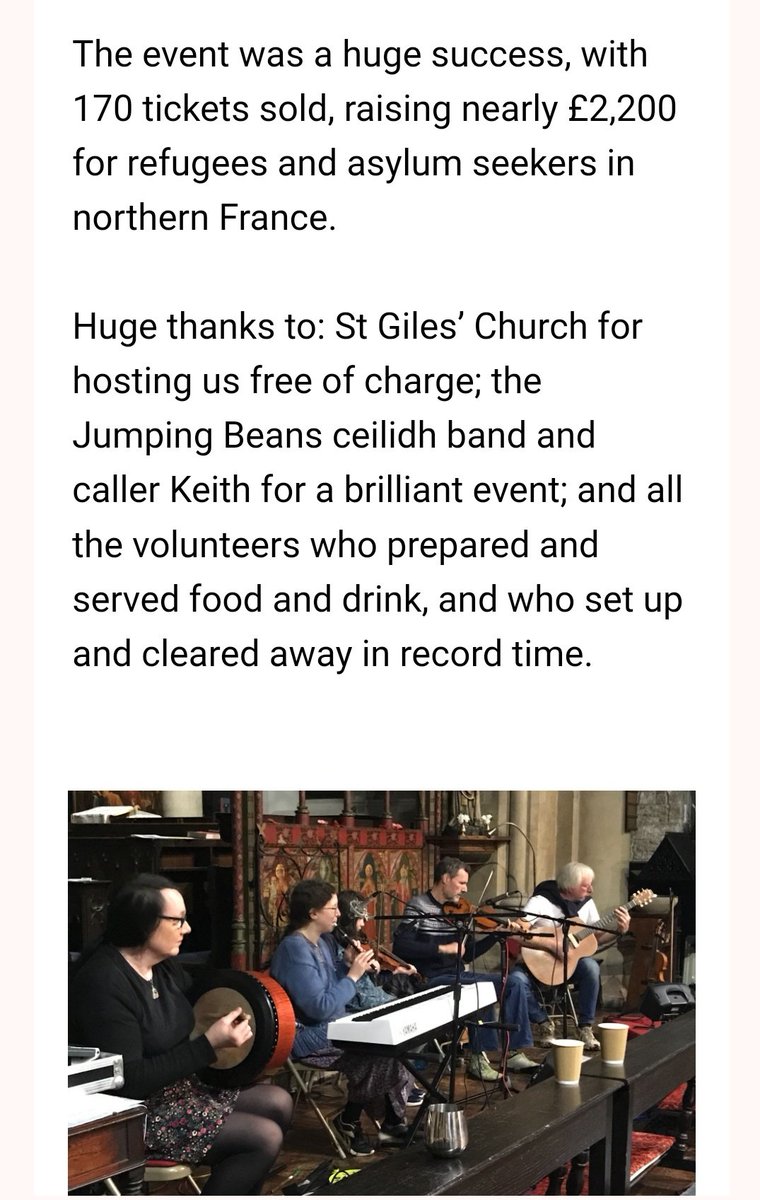 Ceilidh success!

Thank you to everyone who came along to our annual winter ceilidh at St Giles’ Church on 16 November!

The event was a huge success, with 170 tickets sold, raising nearly £2,200 for refugees and asylum seekers in northern France.