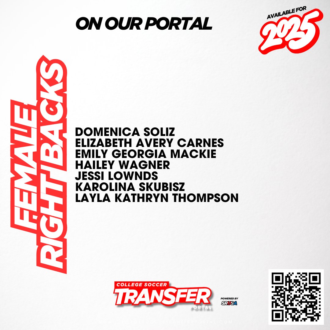 🌟 CURRENT FEMALE 2025 RIGHT BACKS AVAILABLE ON OUR COLLEGE SOCCER TRANSFER PORTAL 🌟

📢 Our College Soccer Transfer Portal goes LIVE on Monday 🚀, and here are the current right backs 🛡️⚽ on there, ready for 4-year schools 🏫 to recruit them.

✅ We’ve kept it simple and easy