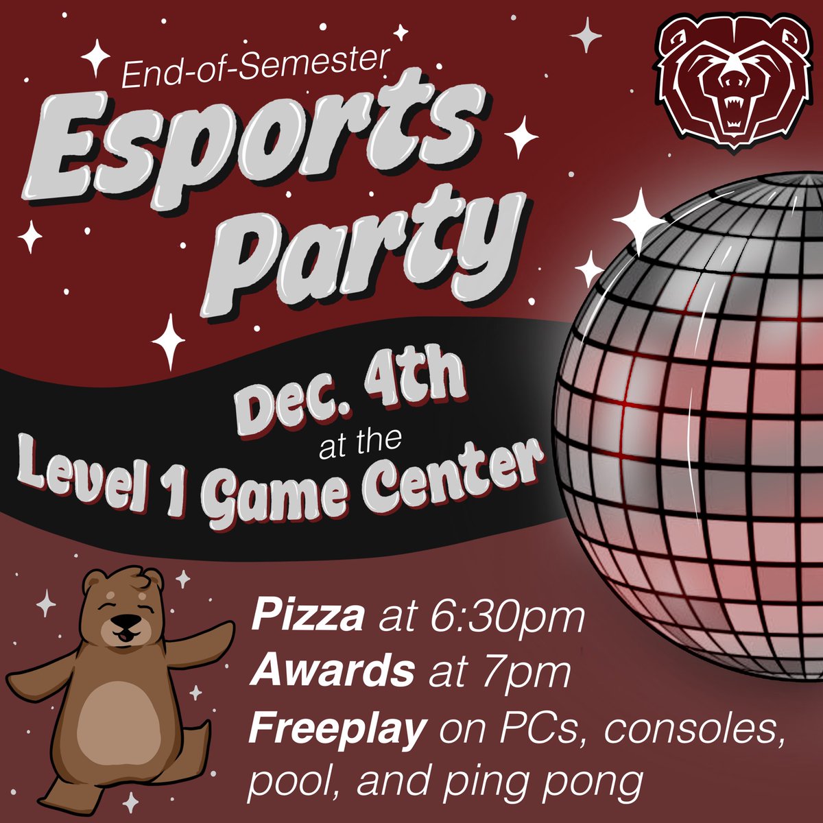 Hey Bears! This Wednesday is our annual end-of-semester celebration! Be there at 6:30 for pizza, and don’t forget to stick around until 7 for the team awards!