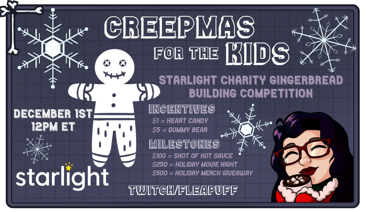 We're participating in <a href="/StarlightUS/">starlightUS</a> Gingerbread Building Competition this year! 

We start (and hopefully finish) our Creepmas build tomorrow! Lots of exciting incentives, milestones and holiday antics to be had. Hope to see you thereeeeee!