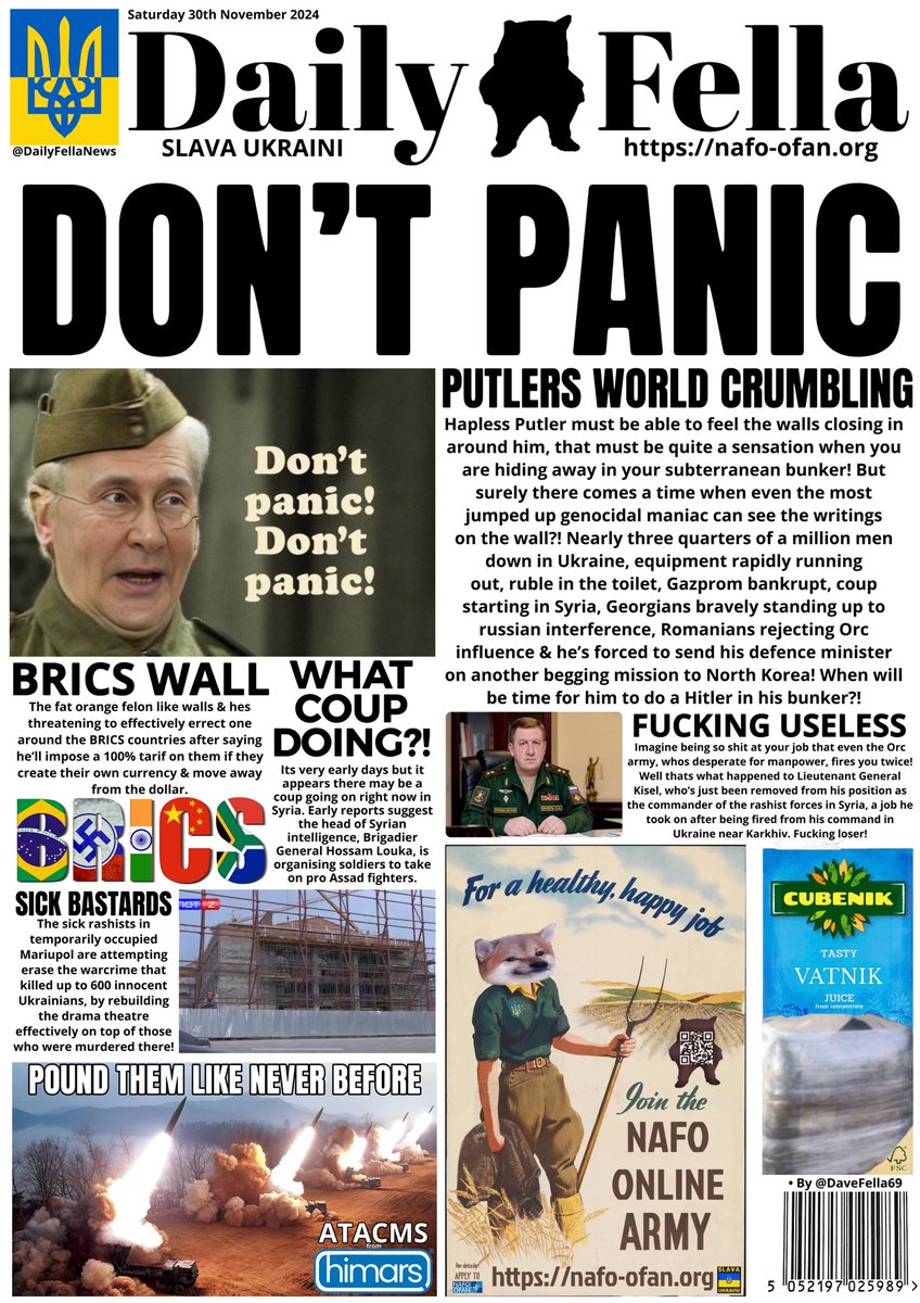 What time is it? It’s Daily Fella time. Read about Putins world tumbling down, BRICS tariffs, useless russian &amp; is there a coup underway in Syria?

#DailyFella #DailyFellaNews #SlavaUkraini #NAFO