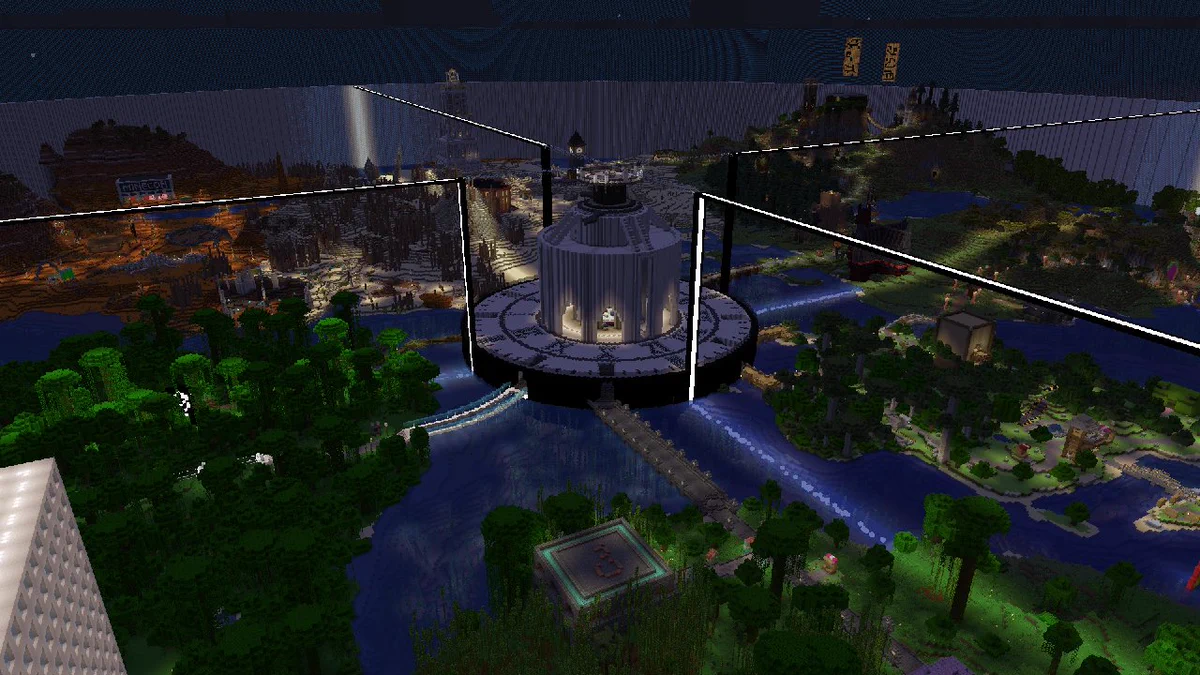A screenshot of minecraft showing an overview of the ModFest 1.21 showcase map. The screenshot is taken at night, and displays a world enclosed by a large circular wall. In the center, a white temple resembling an analogue clock can be seen. Stretching from the temple are large transparent wall-like structures, dividing vanilla terrain dotted with lights, buildings, and paths. Biomes include deserts, badlands, jungles, plains, a spruce forest, and an area resembling an older version of minecraft.