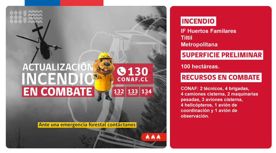 incendios_CONAF's tweet photo. Actualización #IFHuertosFamiliares, #Tiltil, #Metropolitana
🔴#AlertaRoja por amenaza a infraestructuras.
Superficie preliminar➡️100 hectáreas. https://t.co/QA6IB3QrPe