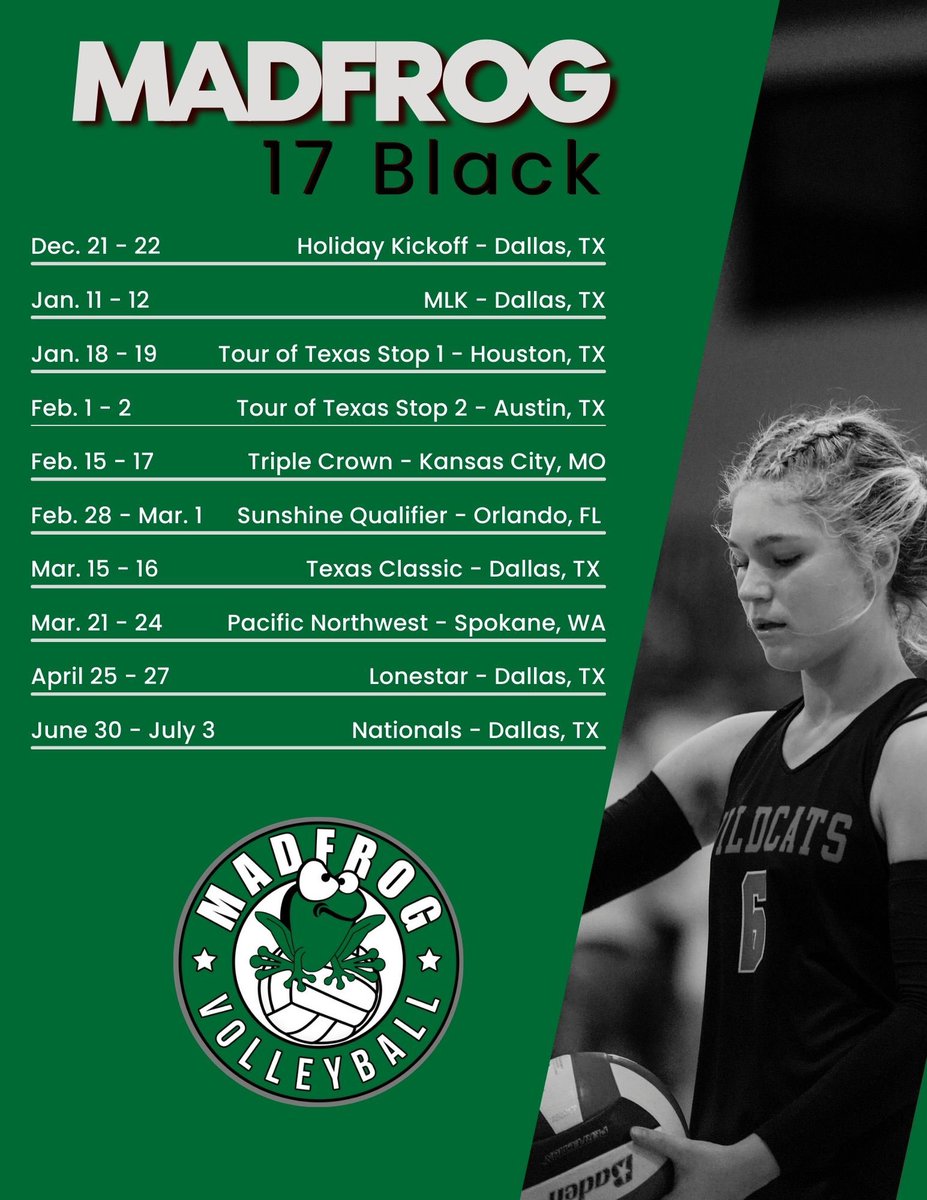 Here’s my tournament schedule for this club season! I’m so excited to play with this amazing team!!🐸🐸🐸
