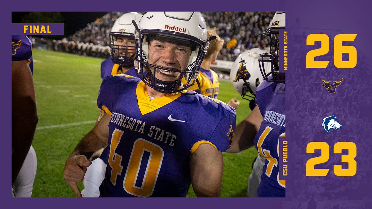 Final Score | Minnesota State 26, CSU Pueblo 23.

Mavericks will host Bemidji State next week in the third round of the NCAA Tournament in Blakeslee Stadium!