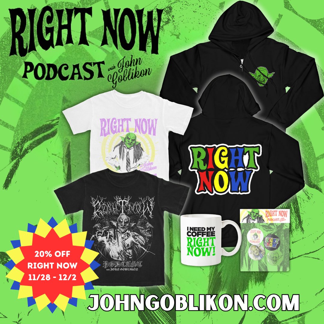 Don’t forget to get 20% off both NEKRO and RIGHT NOW merch! shop.slimesandhumours.com and johngoblikon.com respectively