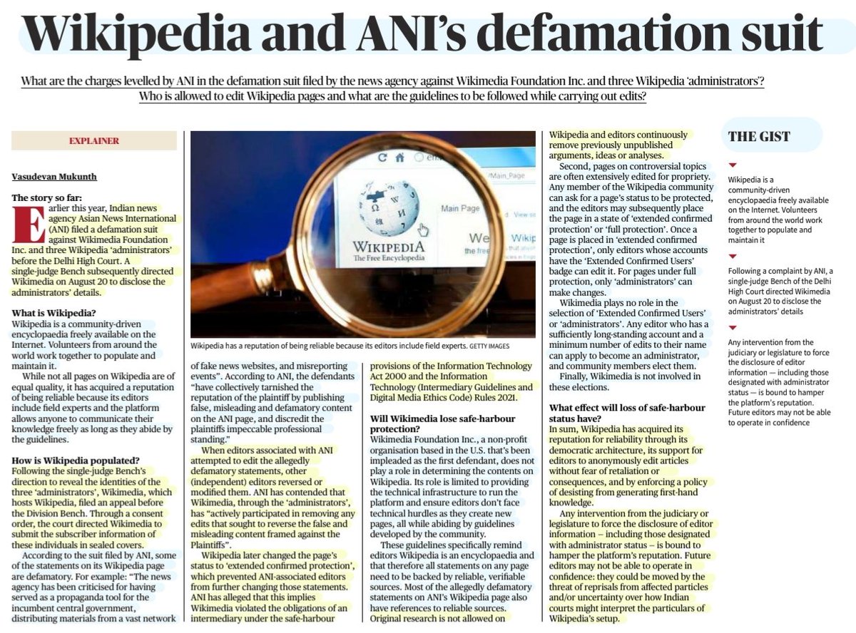 imRavikantYadav's tweet image. 'Wikipedia and ANI's Defamation suit'

:Details by Sh Vasudevan Mukunth
@1amnerd 

Wikipedia-#community driven #encyclopedia- its workings- #SafeHarbourProtection,@ANI suing @Wikipedia fr #Defamation ,Delhi HC order on #Administrators &amp;amp;
More info

#FreedomOfSpeech
#law 

#UPSC
