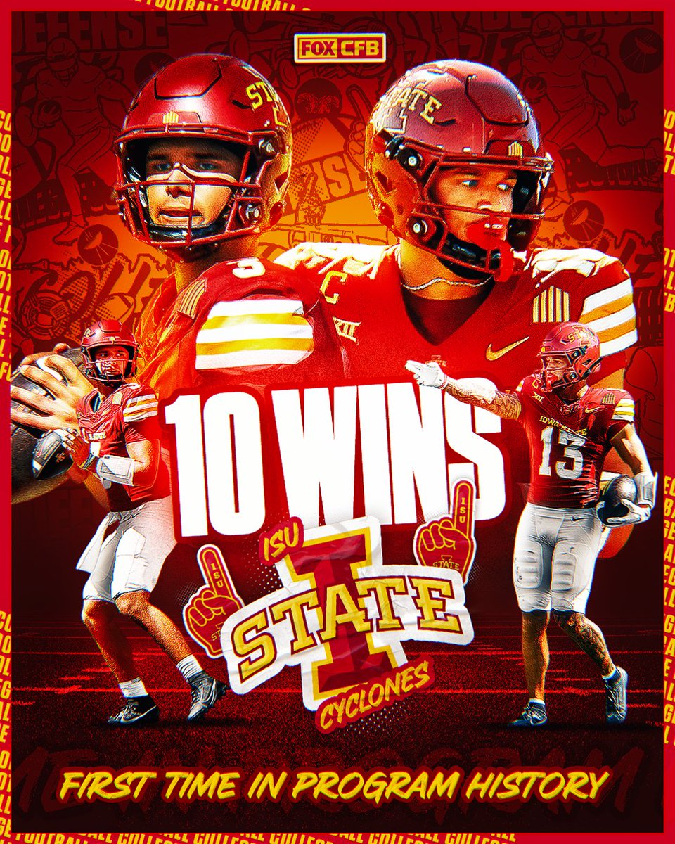 FOX College Football (@cfbonfox) on Twitter photo 10 WINS FOR THE FIRST TIME IN PROGRAM HISTORY 👏🌪️
<a href="/CycloneFB/">Iowa State Football</a> made history with a dramatic Farmageddon win vs Kansas State 🙌 10 WINS FOR THE FIRST TIME IN PROGRAM HISTORY 👏🌪️
<a href="/CycloneFB/">Iowa State Football</a> made history with a dramatic Farmageddon win vs Kansas State 🙌