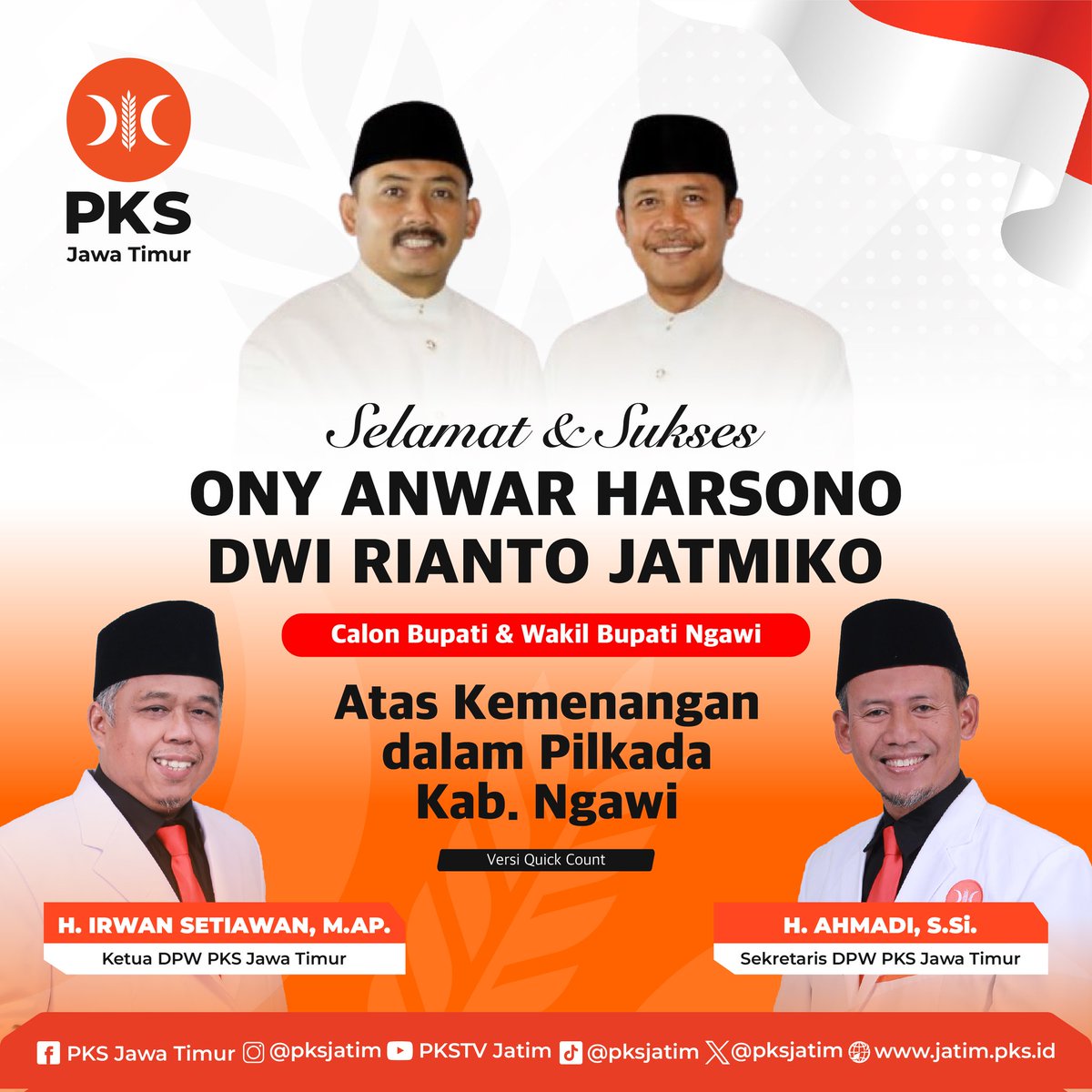 PKSJATIM's tweet image. Selamat &amp;amp; Sukses 

ONY ANWAR HARSONO
DWI RIANTOJATMIKO
Calon Bupati &amp;amp; Wakil Bupati Ngawi

Atas Kemenangan dalam Pilkada Kab. Ngawi

#pemenangpilkadangawi #pksngawi #pksjawatimur #partaikeadilansejahtera #pks