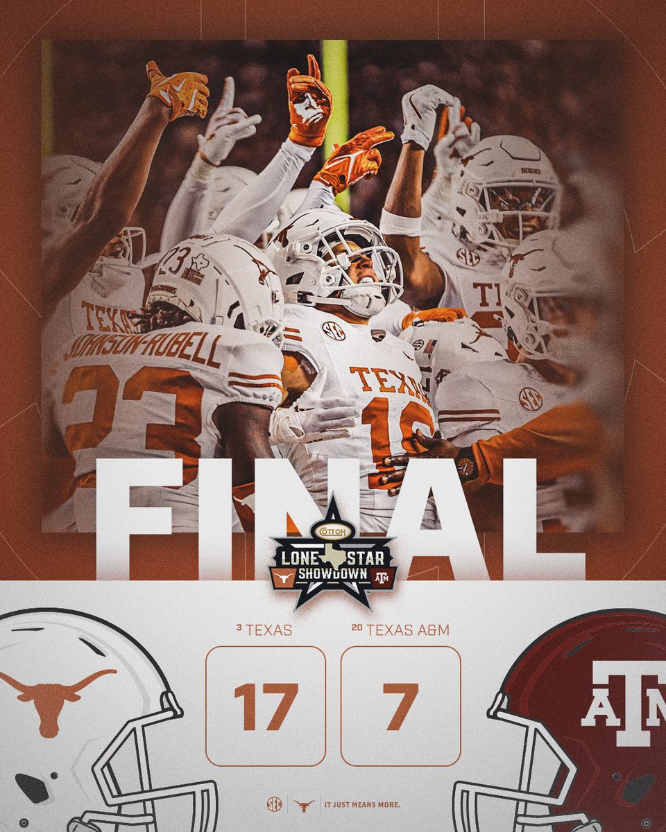 SEC's tweet photo. TEXAS WINS THE RENEWED LONE STAR SHOWDOWN 🤘

@TexasFootball x #SECFB https://t.co/WB4KbSY8ET