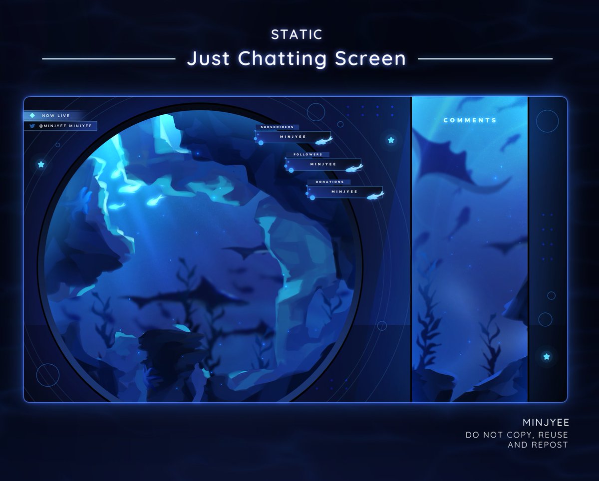 ⎯♡ FREE Aquarium-themed overlay 🪼 ♡⎯    

- 1x Static Just Chatting Screen PNG
- 1x Just Chatting Screen PSD 

♡ + ↻ appreciated! 
Available here: ko-fi.com/minjyee/shop
#vtuber #vtuberassets