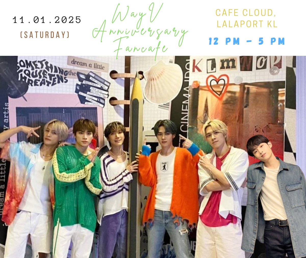 WayV Kun Birthday &amp; WayV Anniversary Fancafe 🇲🇾 
💚🐻🐱🐥🦕🦄🐑💚
Purchase 1 drink OR 1 dessert to get our freebies 💚
NO vendor 🙏
Dress code: 🧡💜💙💚 🩷❤️🖤
More details TBA in the thread 🔜
#coloursofwayv #WayV #cupsleevemy #pasarNCT
#pasarWayV