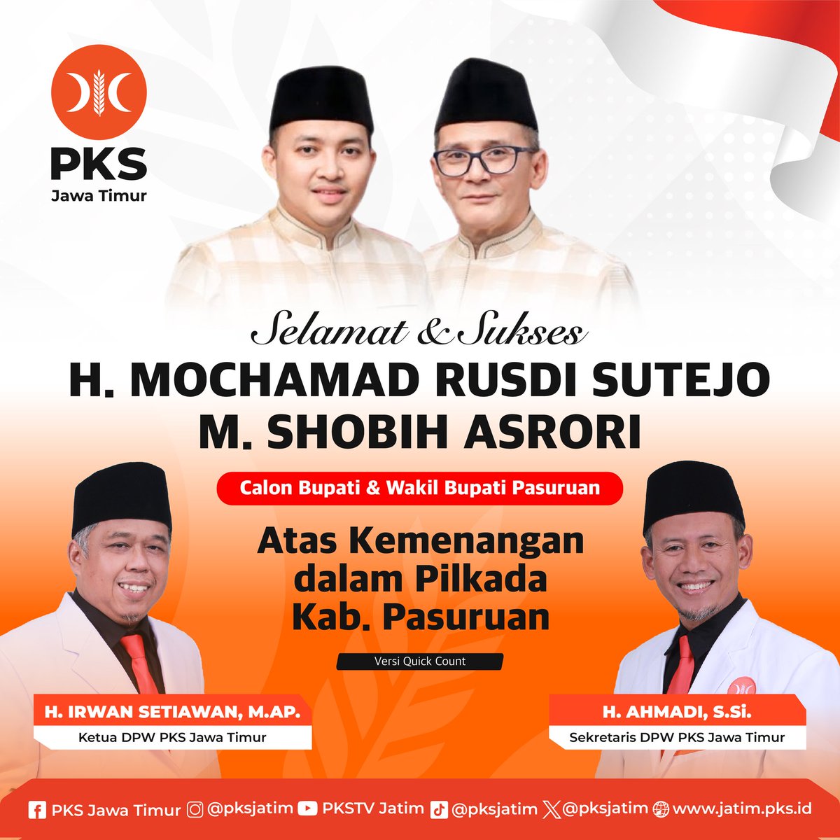 PKSJATIM's tweet image. Selamat &amp;amp; Sukses 

H. MOCHAMAD RUSDI SUTEJO
M. SHOBIH ASRORI
Calon Bupati &amp;amp; Wakil Bupati Pasuruan

Atas Kemenangan dalam Pilkada Kab. Pasuruan

#pemenangpilkadapasuruan #pkspasuruan #pksjawatimur #partaikeadilansejahtera #pks