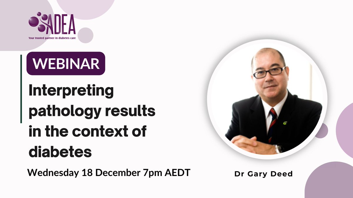 Australian Diabetes Educators Association (@ausdiabetesed) on Twitter photo Join us for our last webinar of 2024 with Dr. Gary Deed, where we will explore the interpretation of key diabetes-related tests, including HbA1c, fasting glucose, lipid profiles, and kidney function tests.
Sign up now to secure your spot 🔗ow.ly/oUYN50UhSNl Join us for our last webinar of 2024 with Dr. Gary Deed, where we will explore the interpretation of key diabetes-related tests, including HbA1c, fasting glucose, lipid profiles, and kidney function tests.
Sign up now to secure your spot 🔗ow.ly/oUYN50UhSNl
