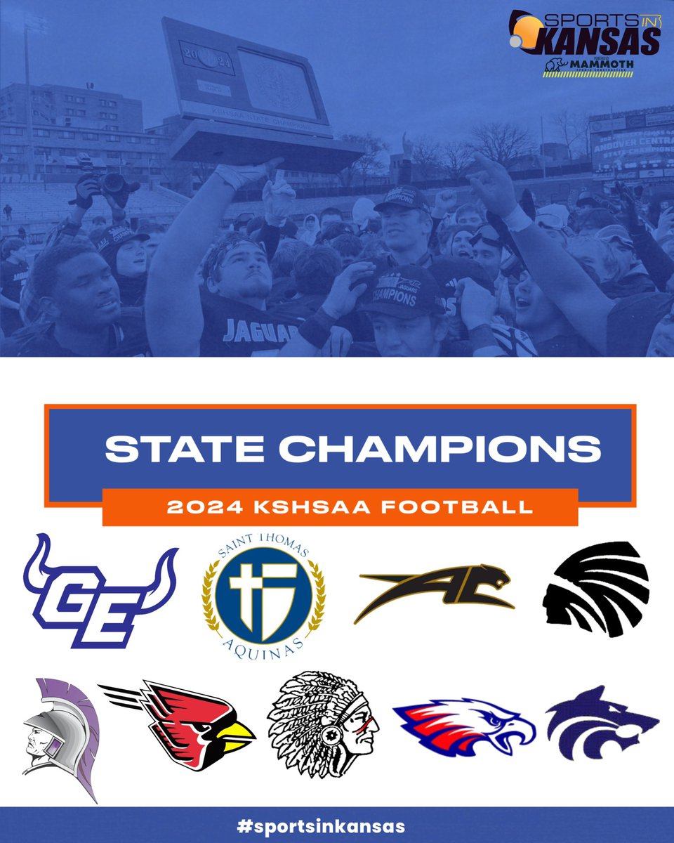 Congratulations to the 2024 state football champions in Kansas. #sportsinkansas 
6A: Gardner Edgerton
5A: Aquinas
4A: Andover Central
3A: Andale 
2A: Southeast of Saline
1A: Conway Springs 
8M-I: Hoxie 
8M-II: Axtell
6M: Weskan