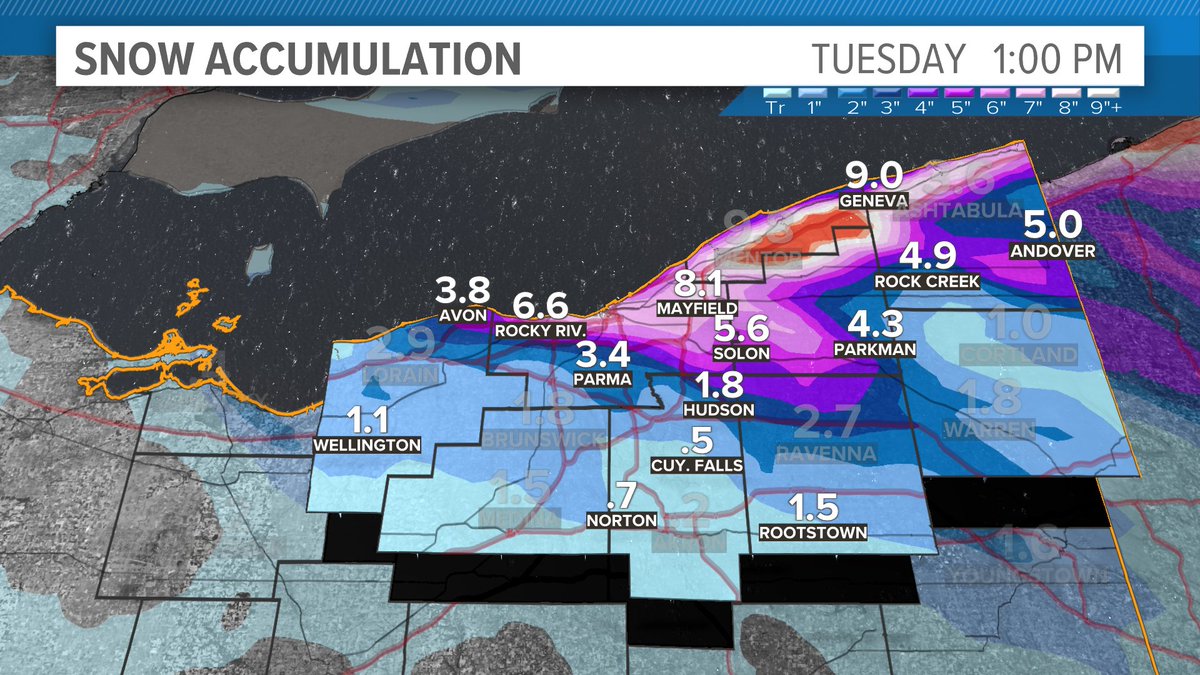 WeatherManAC's tweet image. More snow  to come through Tuesday. Parts of the Cleveland metro could see 3-8". Higher amounts where snow bands persist. 

#3weather