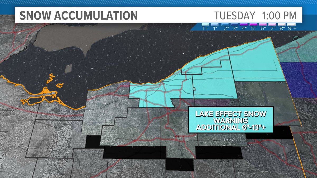 More snow  to come through Tuesday. Parts of the Cleveland metro could see 3-8". Higher amounts where snow bands persist. 

#3weather