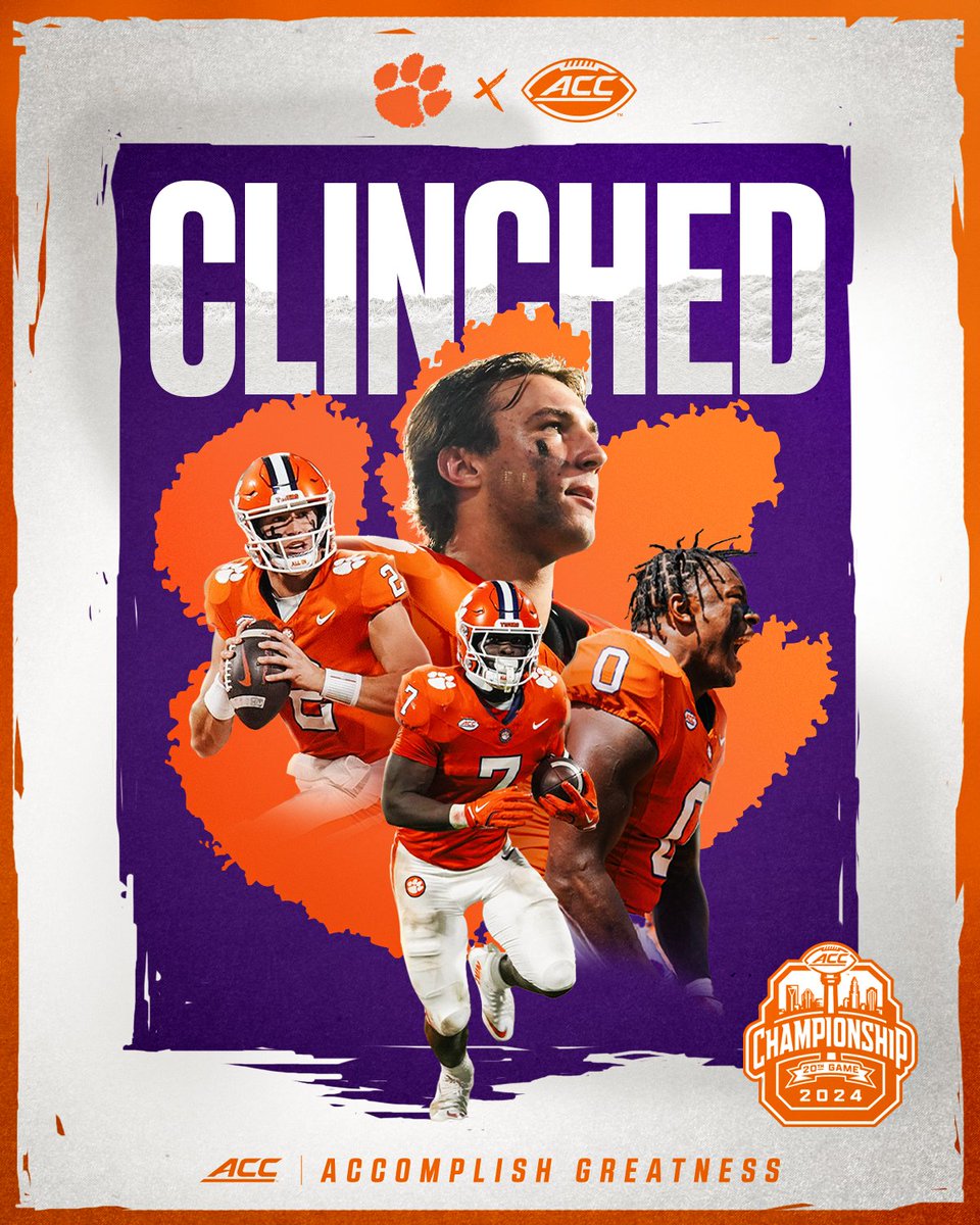 ACC Football (@accfootball) on Twitter photo 𝗧𝗛𝗘 𝗧𝗜𝗚𝗘𝗥𝗦 𝗔𝗥𝗘 𝗛𝗘𝗔𝗗𝗘𝗗 𝗕𝗔𝗖𝗞 𝗧𝗢 𝗖𝗛𝗔𝗥𝗟𝗢𝗧𝗧𝗘!
For the 10th time in program history, <a href="/ClemsonFB/">Clemson Football</a> has clinched their spot in the ACC Football Championship Game!
🎟️ theacc.com/fcgtickets
🏆 theacc.com/fcg 𝗧𝗛𝗘 𝗧𝗜𝗚𝗘𝗥𝗦 𝗔𝗥𝗘 𝗛𝗘𝗔𝗗𝗘𝗗 𝗕𝗔𝗖𝗞 𝗧𝗢 𝗖𝗛𝗔𝗥𝗟𝗢𝗧𝗧𝗘!
For the 10th time in program history, <a href="/ClemsonFB/">Clemson Football</a> has clinched their spot in the ACC Football Championship Game!
🎟️ theacc.com/fcgtickets
🏆 theacc.com/fcg