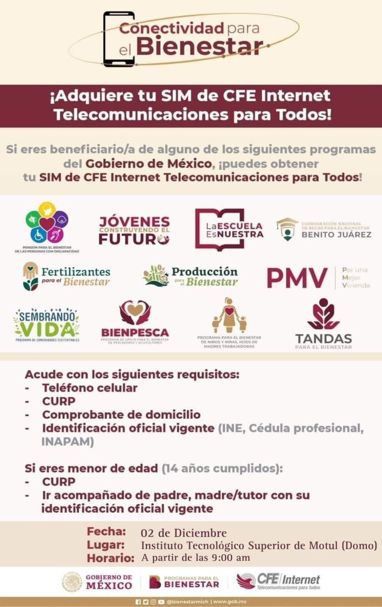 El TecNM Campus Motul y CFE Bienestar te traen una oportunidad increíble: CHIP GRATIS por un año con beneficios exclusivos. 🎉📱

📦 ¿Qué incluye?
✔️ 5GB de datos al mes
✔️ 1,500 minutos para llamadas
✔️ 500 mensajes de texto

🗓️ Lunes 2 de diciembre
📍 Plaza Cívica del campus