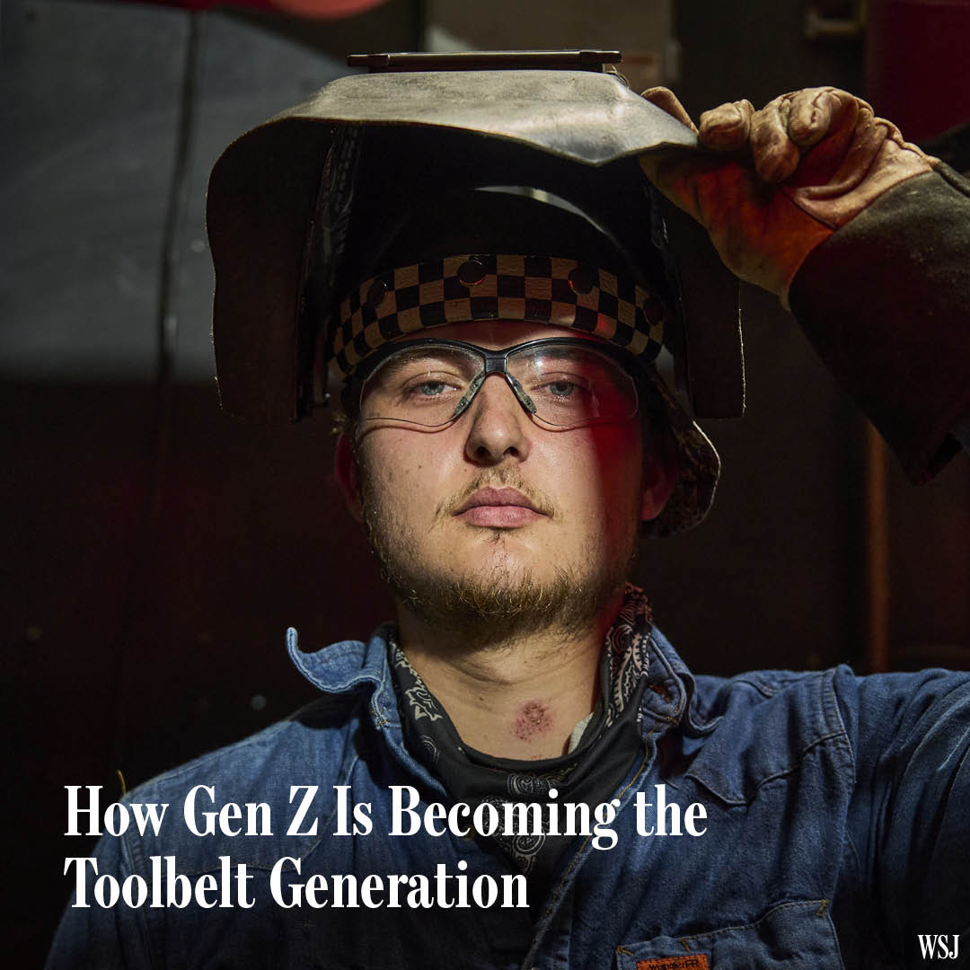 WSJ's tweet photo. More Gen Z workers are going into trades as disenchantment with the college track continues, and rising pay and new technologies shine up plumbing and electrical jobs https://t.co/hY7qloZJOC https://t.co/EG36ue5gYu
