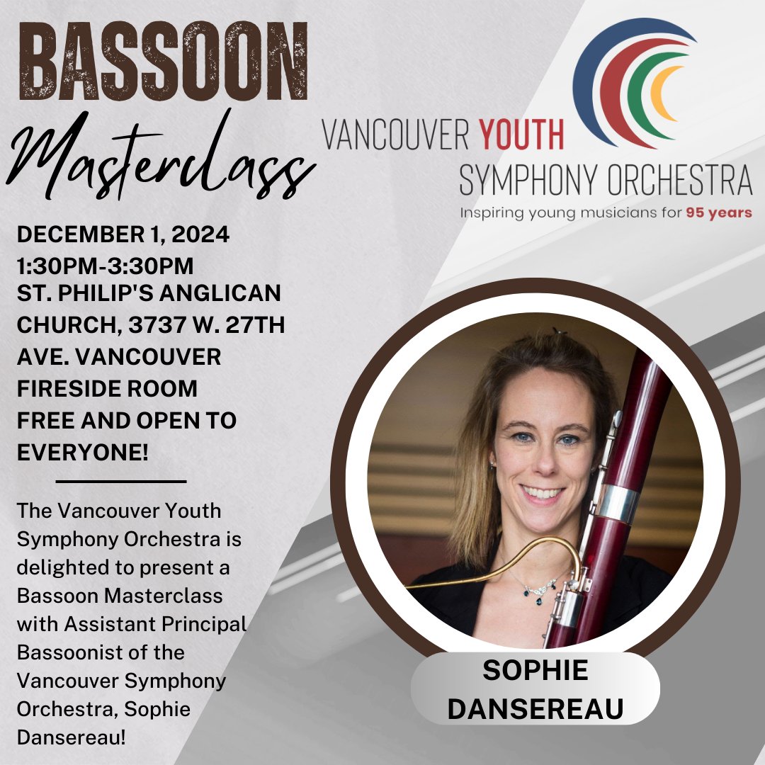 TOMORROW! Join us tomorrow afternoon for a bassoon masterclass led by Sophie Dansereau! This event is FREE and open to all with no prior registration, so we hope to see a full house at St. Philip's Anglican Church at 1:30pm! #bassoon #masterclass