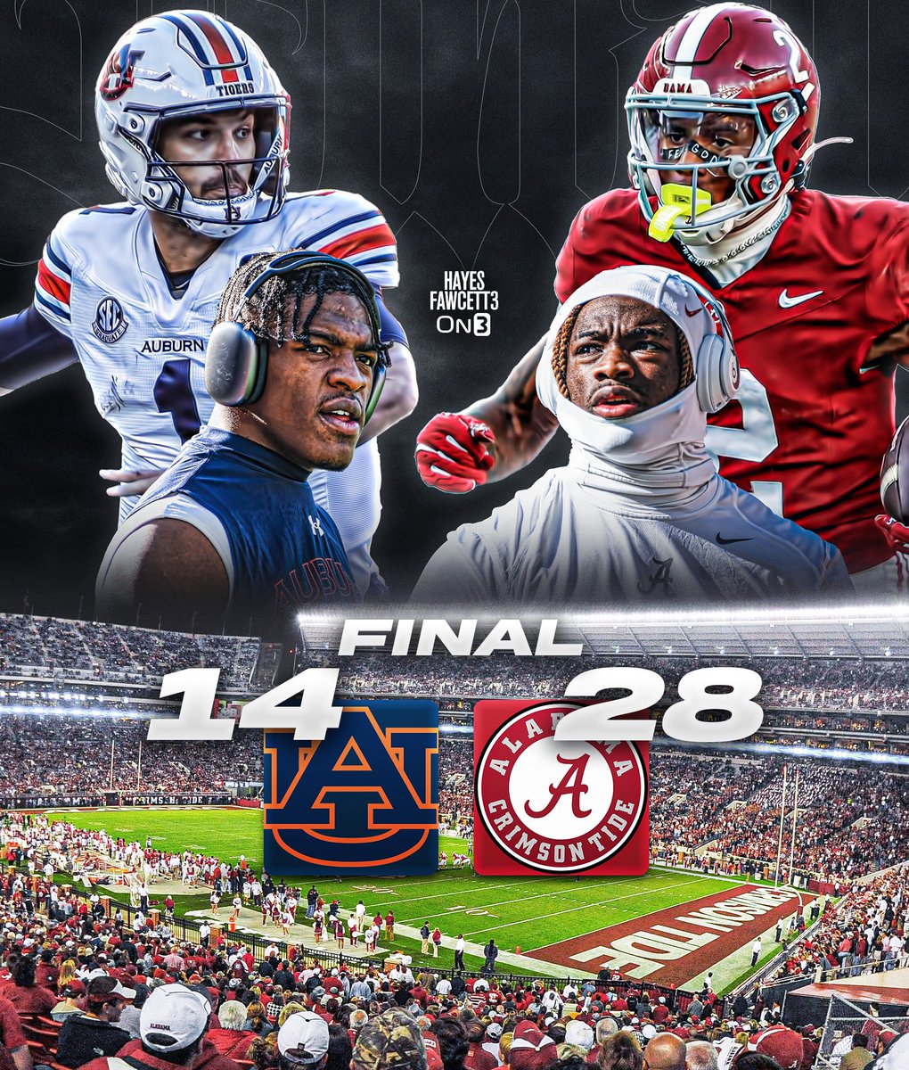 Alabama defeats rival Auburn in the Iron Bowl 28-14

The Crimson Tide finish 9-3 on the season and is outside the playoff as of now