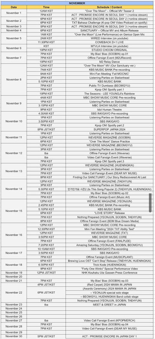 hola chicos, por favor utilicen este #, 
es la única forma que podemos ayudar
a qué tomen en cuenta la salud mental
y física de txt

recuerden que esta es su agenda de noviembre, ha estado tan repleta y 
solo es un mes 

#BighitLetTXTRest