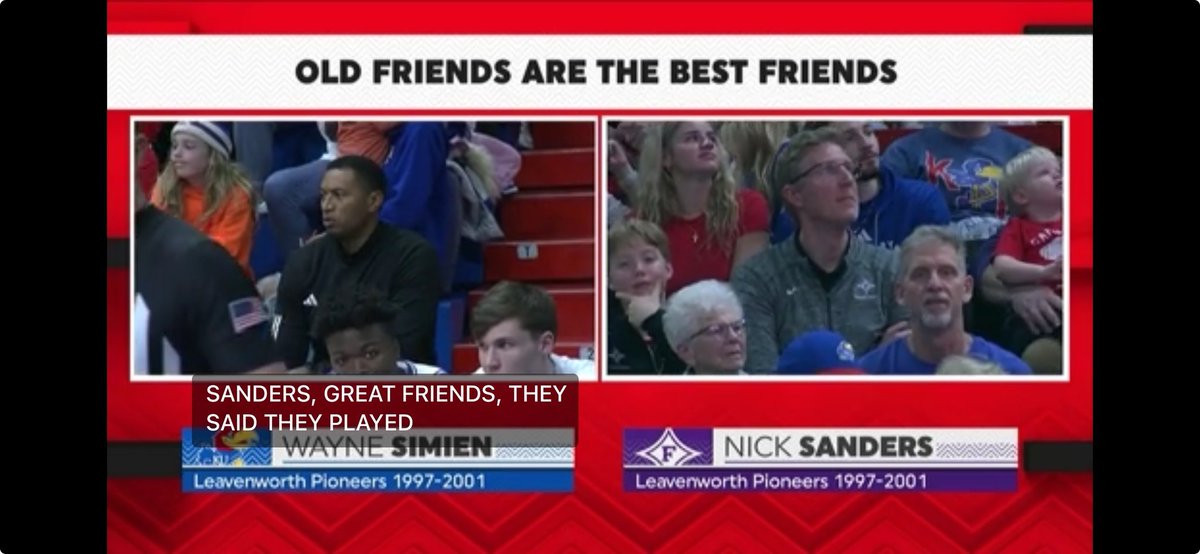 Childhood friends, Pioneer teammates and LV State Champions Wayne Simien and Nick Sanders cheering on their respective collegiate teams. KU vs Furman at AFH today.
<a href="/810varsity/">810 Varsity</a> <a href="/sportsinkansas/">Sports in Kansas</a> <a href="/PeteTweets453/">Leavenworth USD 453</a> <a href="/metrosports_mk/">Metro Sports MoKan</a>