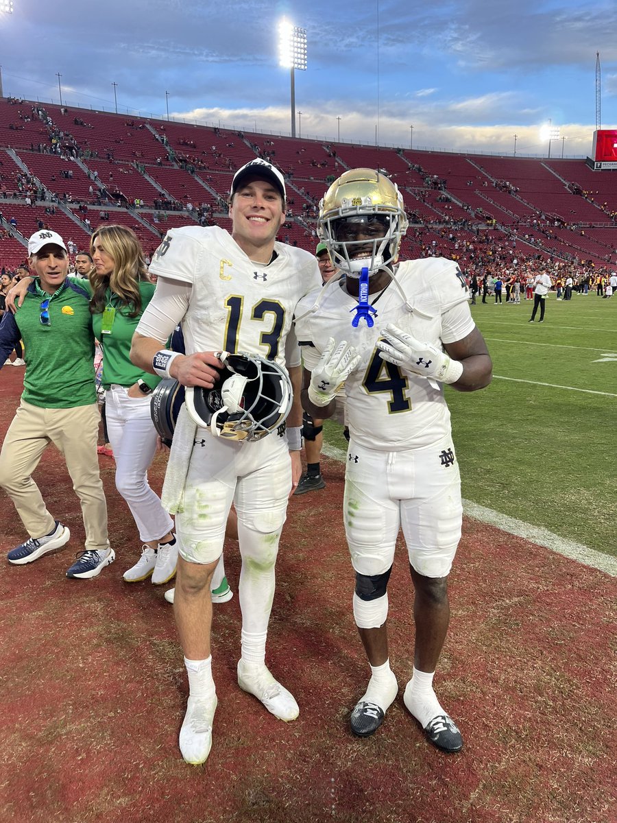 tbhorka's tweet photo. Notre Dame QB Riley Leonard and RB Jeremiyah Love after the Fighting Irish’s rivalry win vs. USC…

Over 40 total touchdowns between these two in 12 games so far this season. 

Ballers. https://t.co/mK9Hiu4ZWM