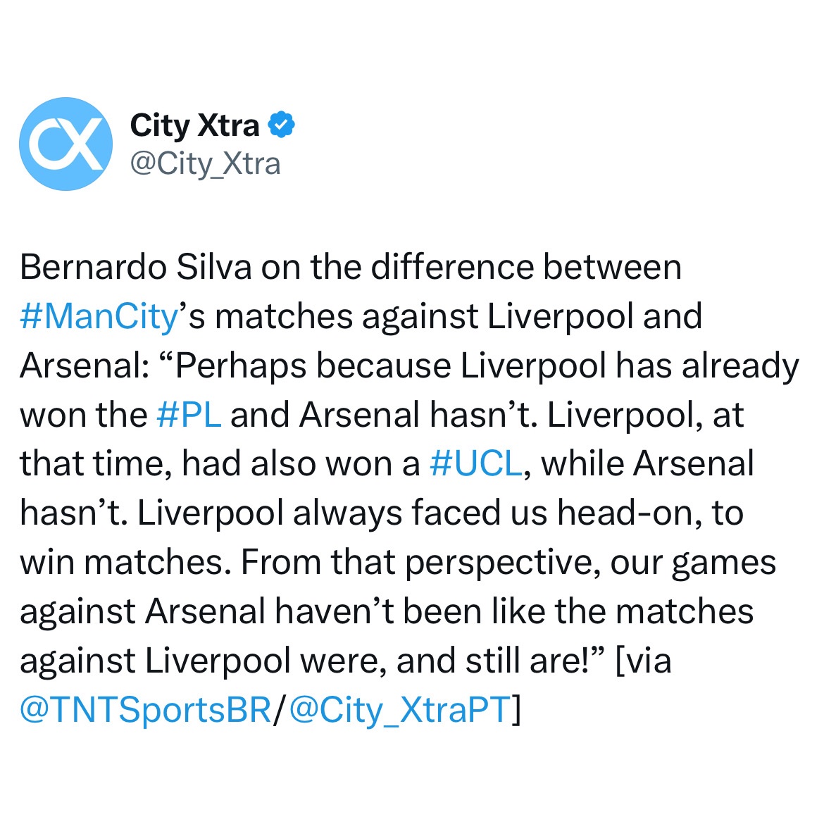 City_Xtra's tweet photo. The difference between matches against Liverpool and Arsenal?

It’s obvious, says @BernardoCSilva. 😉 https://t.co/W4kWe7EliZ