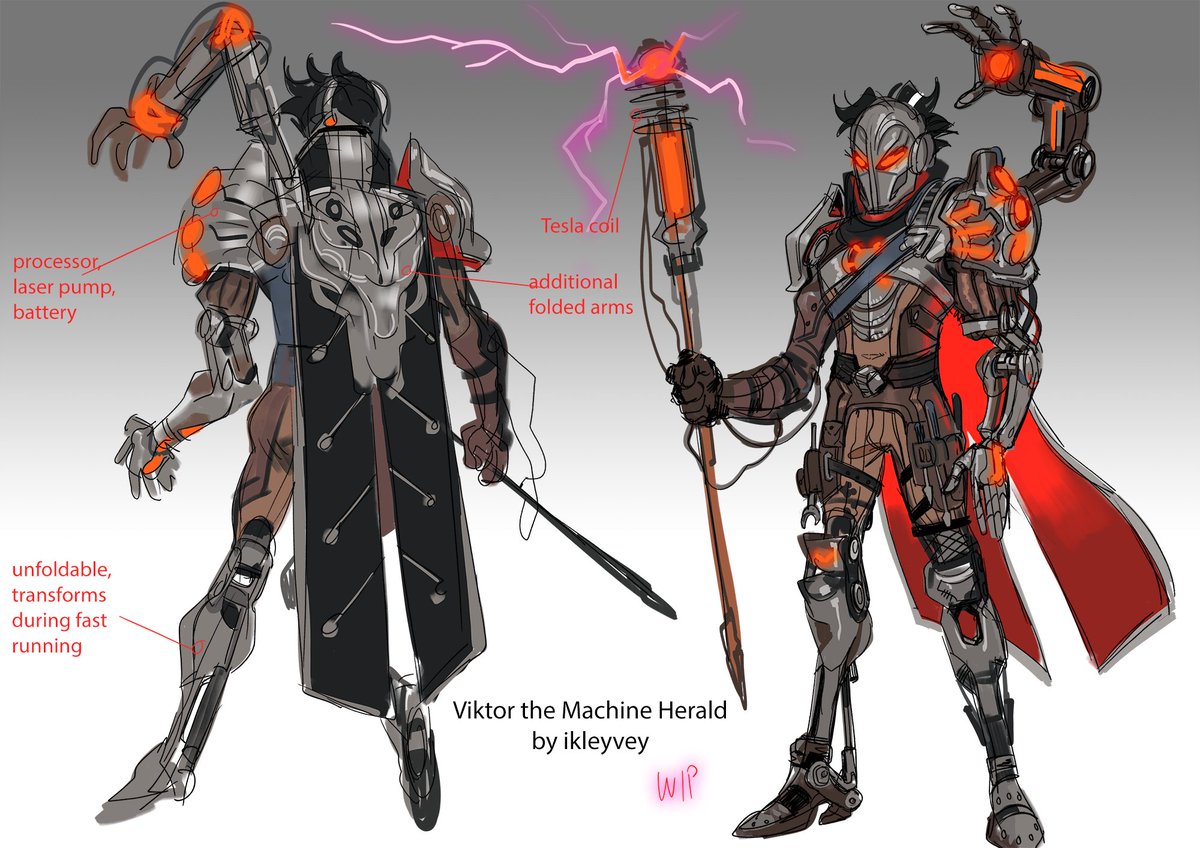 Ikleyvey's tweet image. WIP for Viktor, I think the best option for him is to have transforming augments while still having a human silhouette in default state