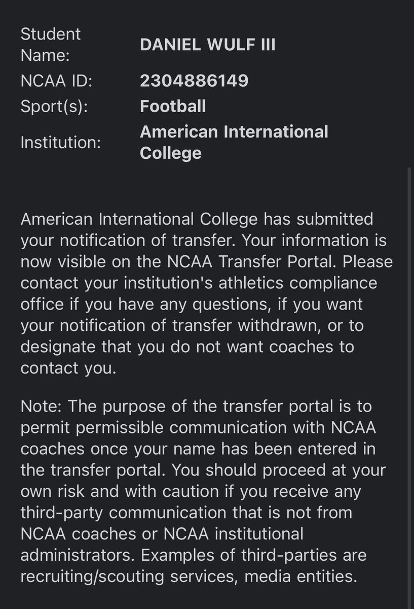 I have officially entered the transfer portal as a redshirt freshman with 4 years of eligibility left. I am a 6’1 202 pound Quarterback. I wanna thank my coaches and my teammates for my time at AIC, excited for the future! Highschool film : hudl.com/v/2MjSPj