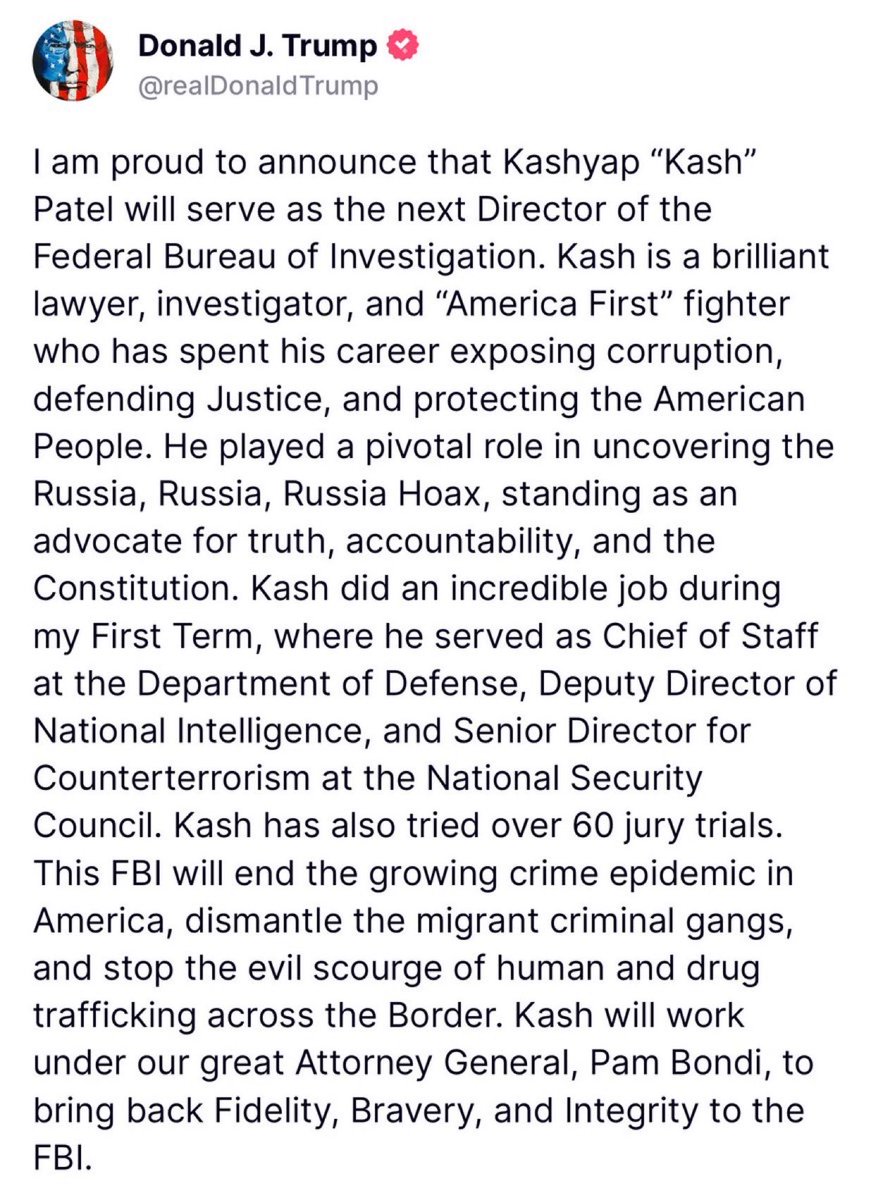 RealAlexJones's tweet photo. 🔥 President Donald J. Trump announces Kash Patel as the next Director of the FBI! This is a very BOLD move. Trump is signaling that he is about to make good on his promise to take DOWN the deep state for good! It’s game time lady’s and gentleman! Pray for Trump and Patel. https://t.co/whcin7BwkC