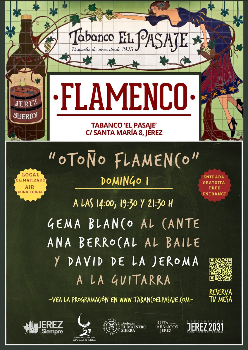 tabancoelpasaje's tweet photo. 💃🏿OTOÑO FLAMENCO💃🏿 
Espectáculos TODOS LOS DÍAS a las 14:00, 19:30 y 21:30 Horas 
VIVE LA EXPERIENCIA DEL  AUTÉNTICO FLAMENCO Y DE LOS MEJORES VINOS DE JEREZ                         Reservas: https://t.co/rXaC5ELEcZ                                 ….OS ESPERAMOS
#TabancoElPasaje https://t.co/BUNmsfSWlm