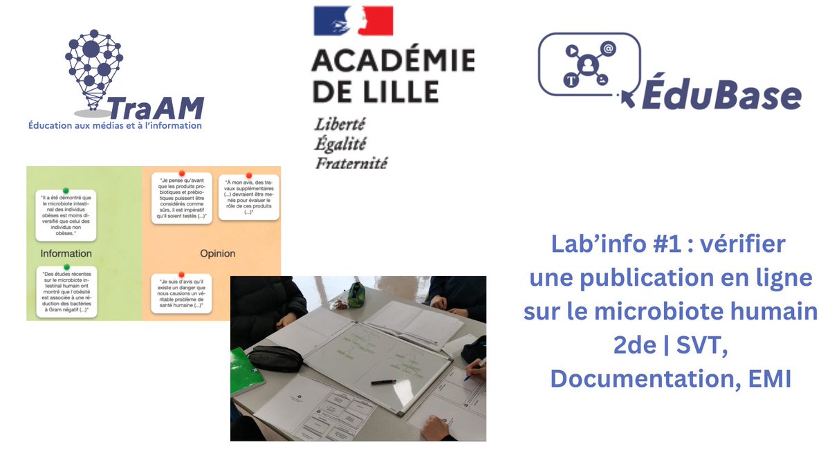éduscol EMI (@eduscol_emi) on Twitter photo #TraAM #EMI 2024 | <a href="/AcLille/">Académie de Lille</a> | Lab'Info#1
Évaluer l'information à l'ère du numérique artificiel #édubase #EMI #SVT #IntelligenceArtificielle
✅Analyser, vérifier, croiser les sources
✅Evaluer une information scientifique sur le #microbiote humain
edubase.eduscol.education.fr/fiche/22548 #TraAM #EMI 2024 | <a href="/AcLille/">Académie de Lille</a> | Lab'Info#1
Évaluer l'information à l'ère du numérique artificiel #édubase #EMI #SVT #IntelligenceArtificielle
✅Analyser, vérifier, croiser les sources
✅Evaluer une information scientifique sur le #microbiote humain
edubase.eduscol.education.fr/fiche/22548