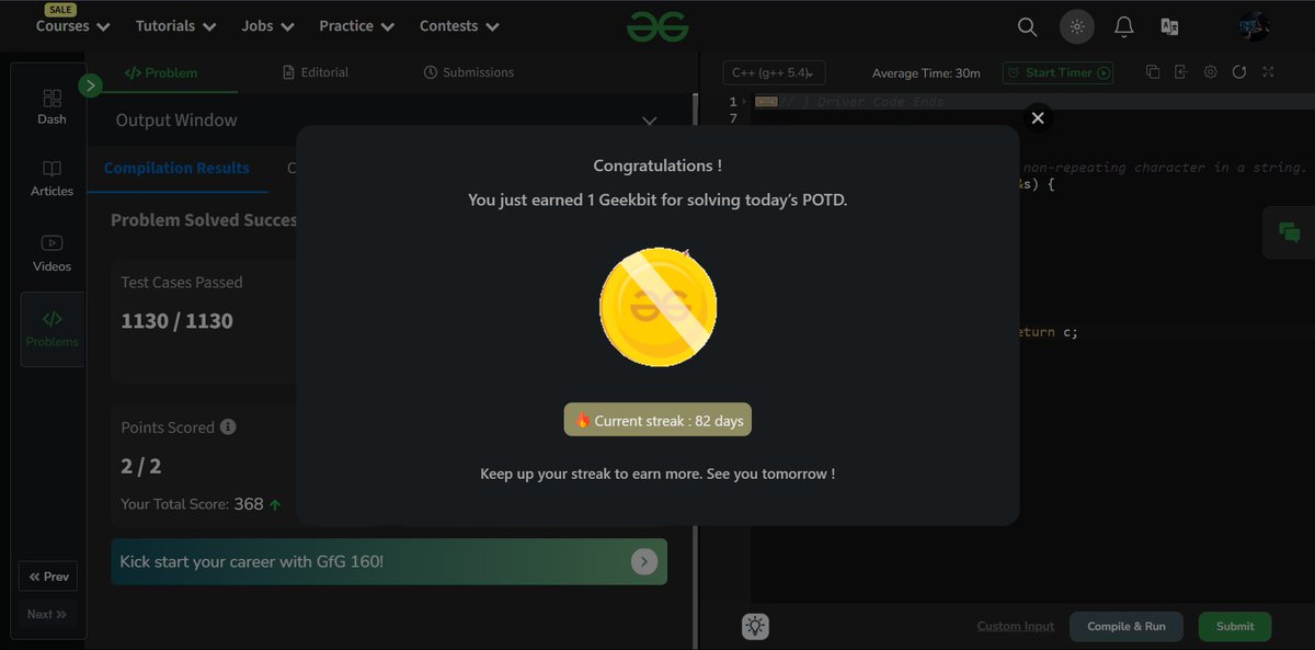 khushboo_raii's tweet image. #gfg160 #geekstreak2024 #womeintech
Day 17 / 160 @geeksforgeeks Challenge
Non Repeating Character
#geeksforgeeks #string