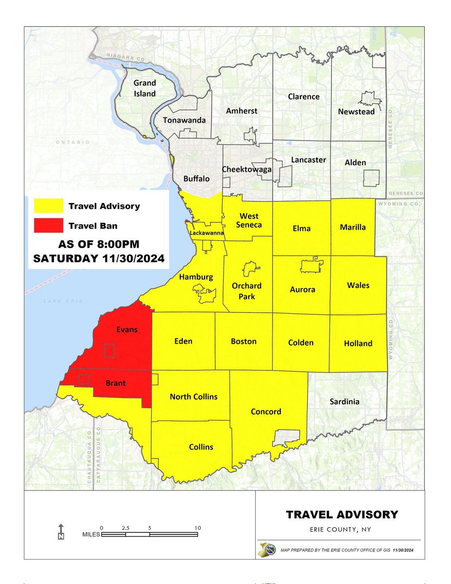 In addition to the previously announced Travel Advisory for Southern and Central Erie County and Driving Ban in Brant and Evans, a Travel Advisory is now in effect for South Buffalo. See the below map for more information.