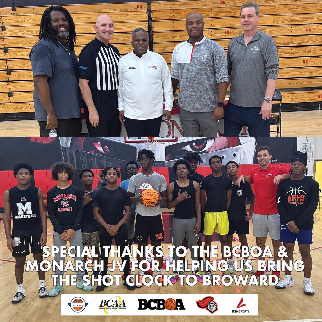 Shot clock comes to Broward!  Thanks to the BCBOA’s Troy Bailey &amp; Pete Kafka for leading the training session, to AD Dione Hester for coordinating installation &amp; use of the gym, to the officials who attended training, &amp; Monarch JV for giving us a game! Making Broward 🏀 better!