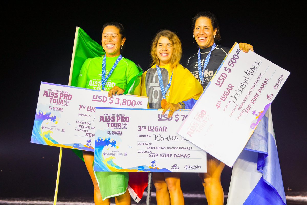 ¡Felicidades a las ganadoras que se convierten en embajadoras de nuestras olas!

SUP Surf Femenino: 
🥇Aline Adisaka 🇧🇷
🥈Gabriela Sztamfater 🇧🇷
🥉Xiomara Bowen 🇪🇨
🥉 Josselyn Alabi 🇸🇻

#ALASProTour2024 🌊