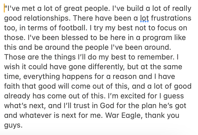_JHokanson's tweet photo. Auburn QB Payton Thorne postgame regarding playing his final college football game: https://t.co/zlcNsOWgql