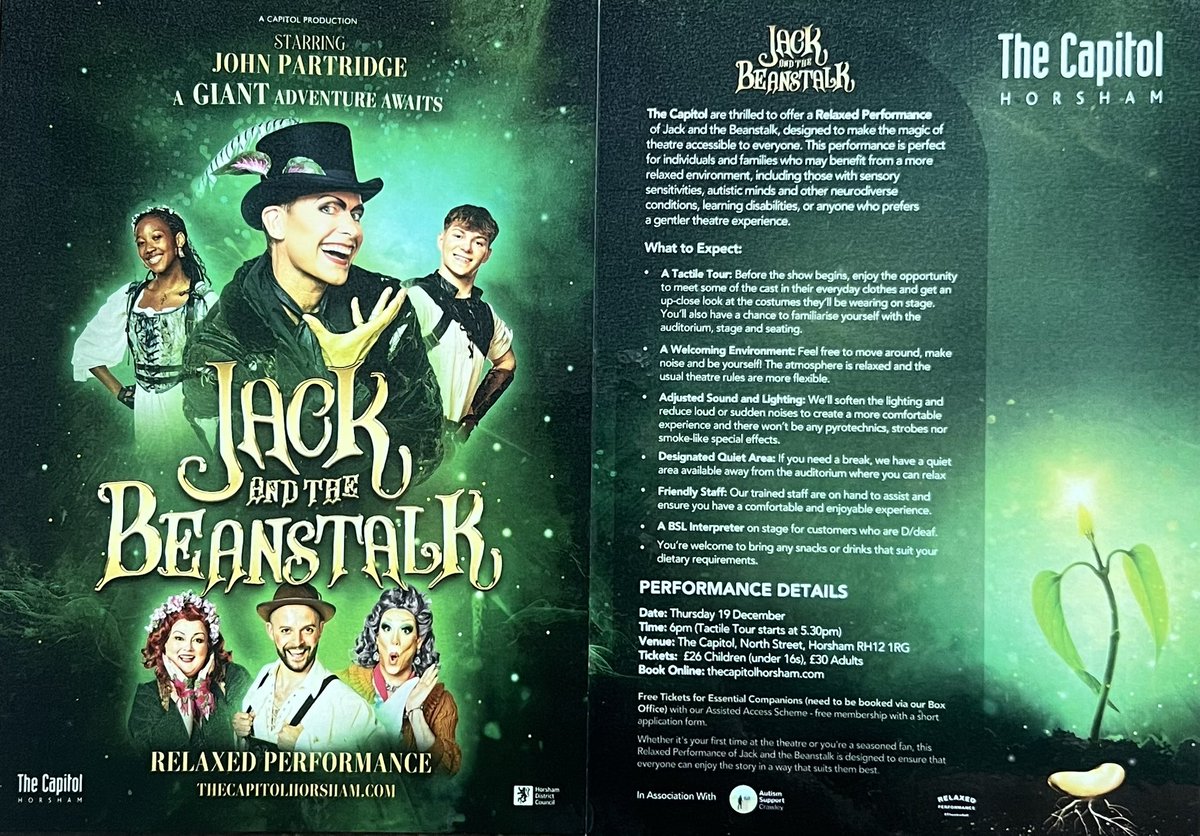 AutismSCrawley's tweet photo. Thank you to our dear friends at @CapitolHorsham for inviting our Chair &amp; 1 of our wonderful volunteers to watch the dress rehearsal of #Jack&amp;TheBeanstalk 🌱 ahead of the upcoming #RelaxedPerformance It’s a pleasure to work with you &amp; wow what a brilliant Panto 💚 #Theatre4all 🎭 https://t.co/JGa4YWDtXg