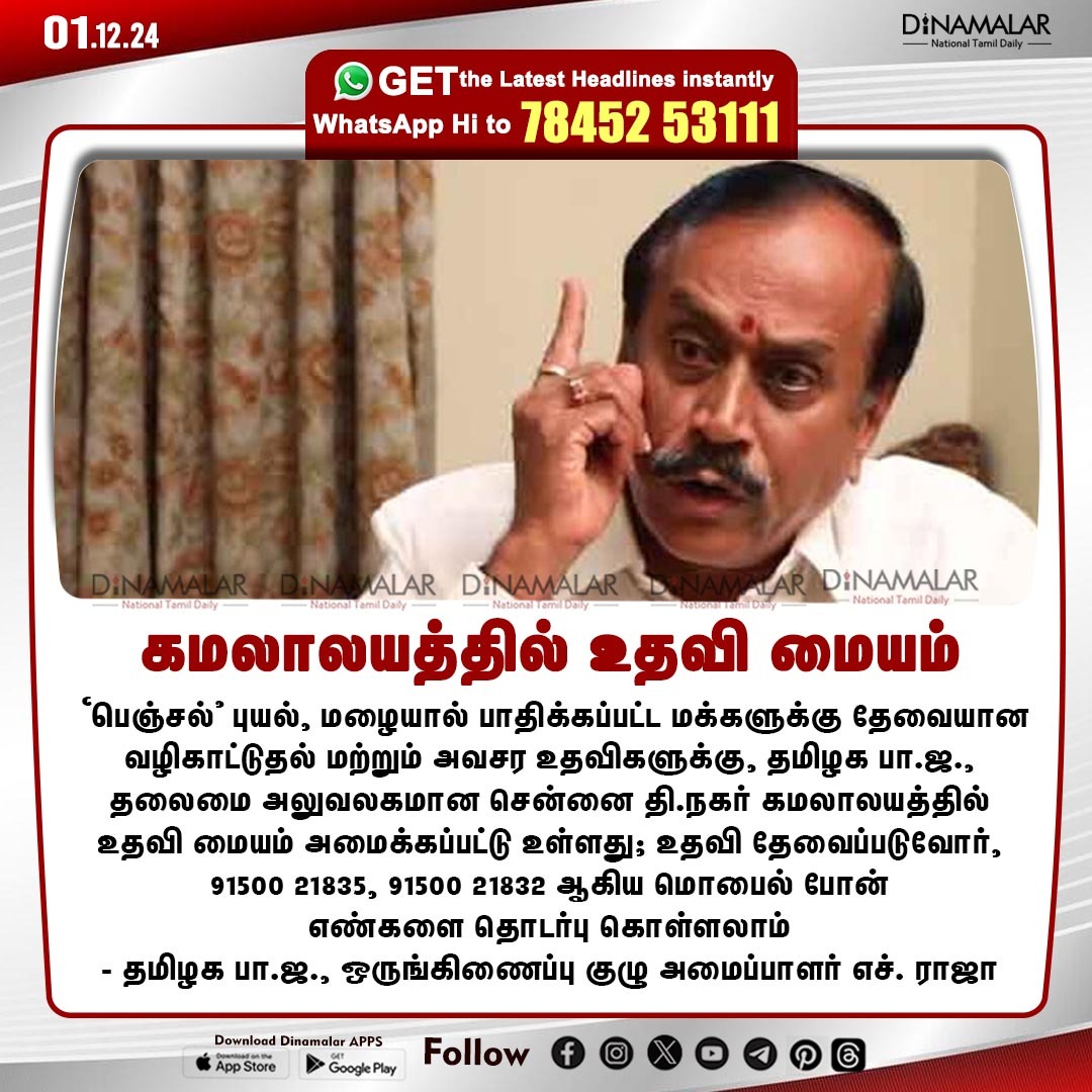 dinamalarweb's tweet image. கமலாலயத்தில் உதவி மையம் 
#HelpCenter | #CycloneFengal | #Chennai | #HRAJA | #bjp 
dinamalar.com