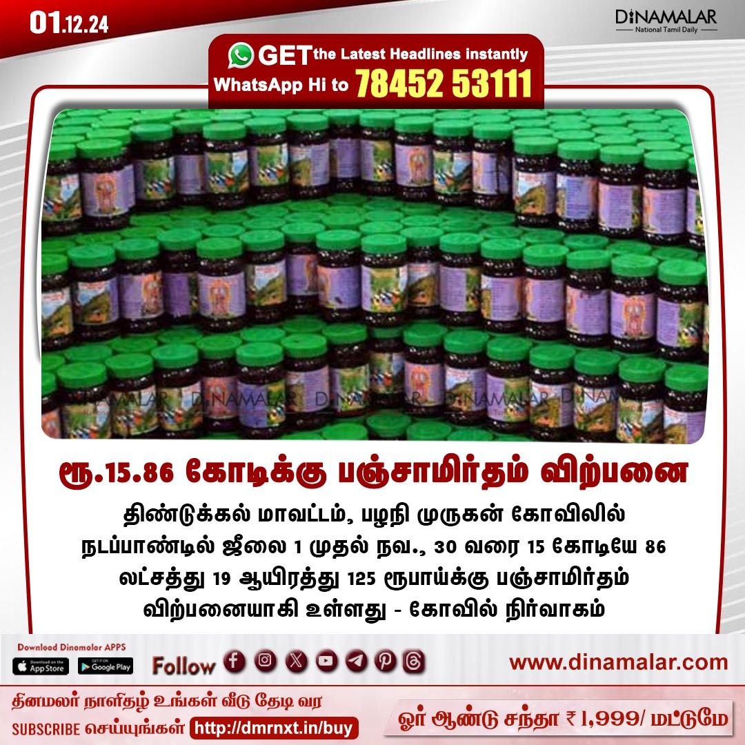 dinamalarweb's tweet image. ரூ.15.86 கோடிக்கு பஞ்சாமிர்தம் விற்பனை
#palani | #panchamirtham | #TempleManagement | #croresprofit 
dinamalar.com